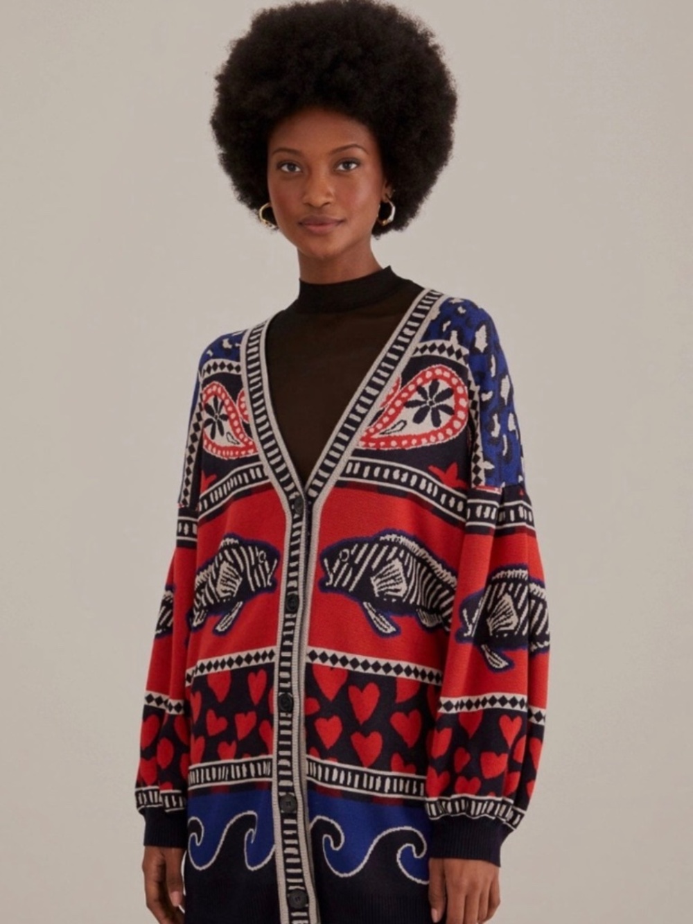 FARM RIO Fish Print Navy Mixed Prints Knit Cardigan